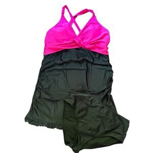 Pink & Black V Neck Two Piece Swim Dress Size Large Modest Padded Bathing Suit